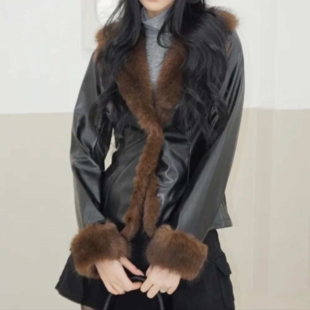 Chic Mood Brown Fur Cardigan faux leather jacket black brown small - Picture 8 of 9